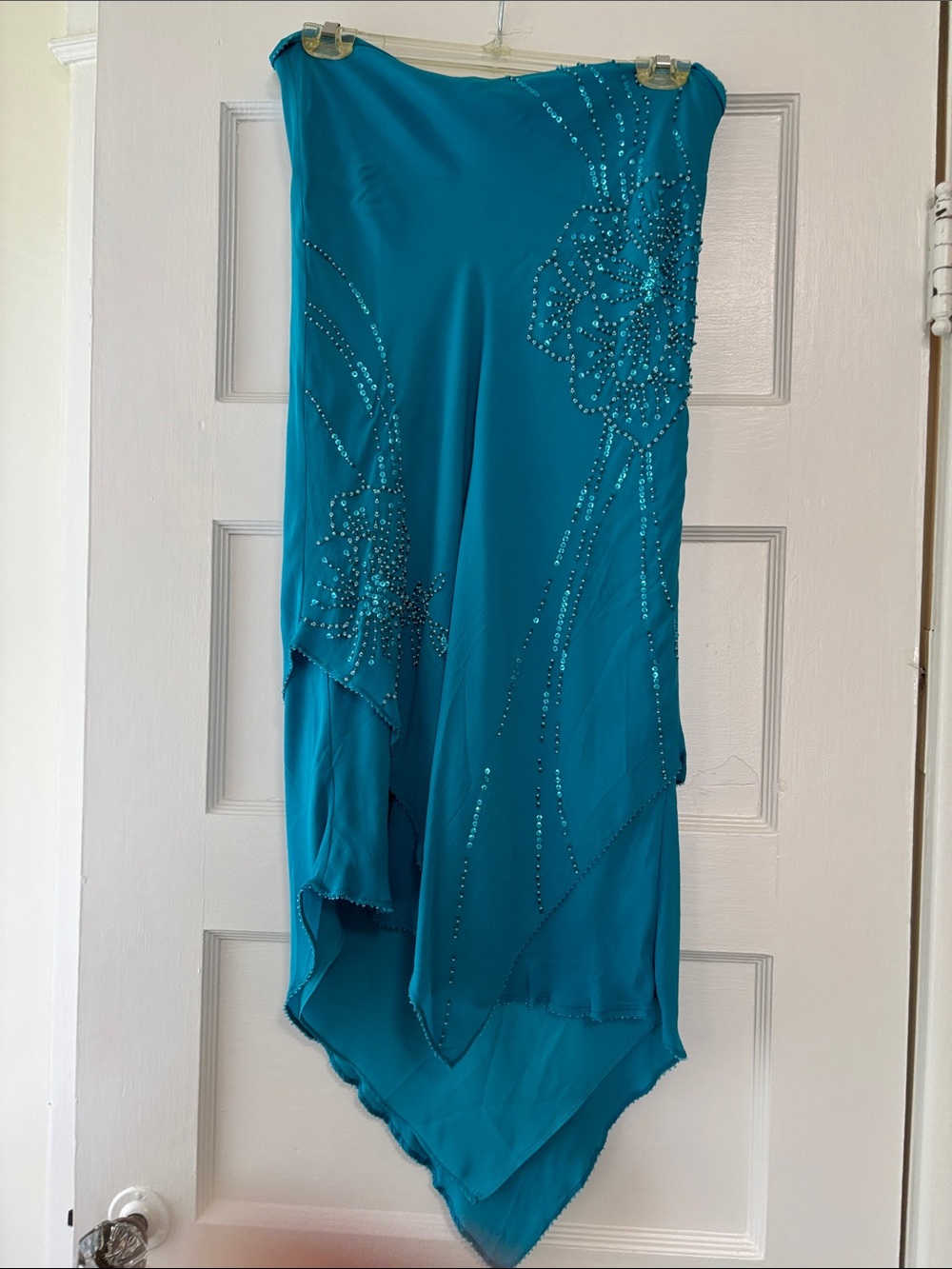 ECI Turquoise Halter Evening Dress Silk Beaded Floral Glam Flowing EUC Vintage 6